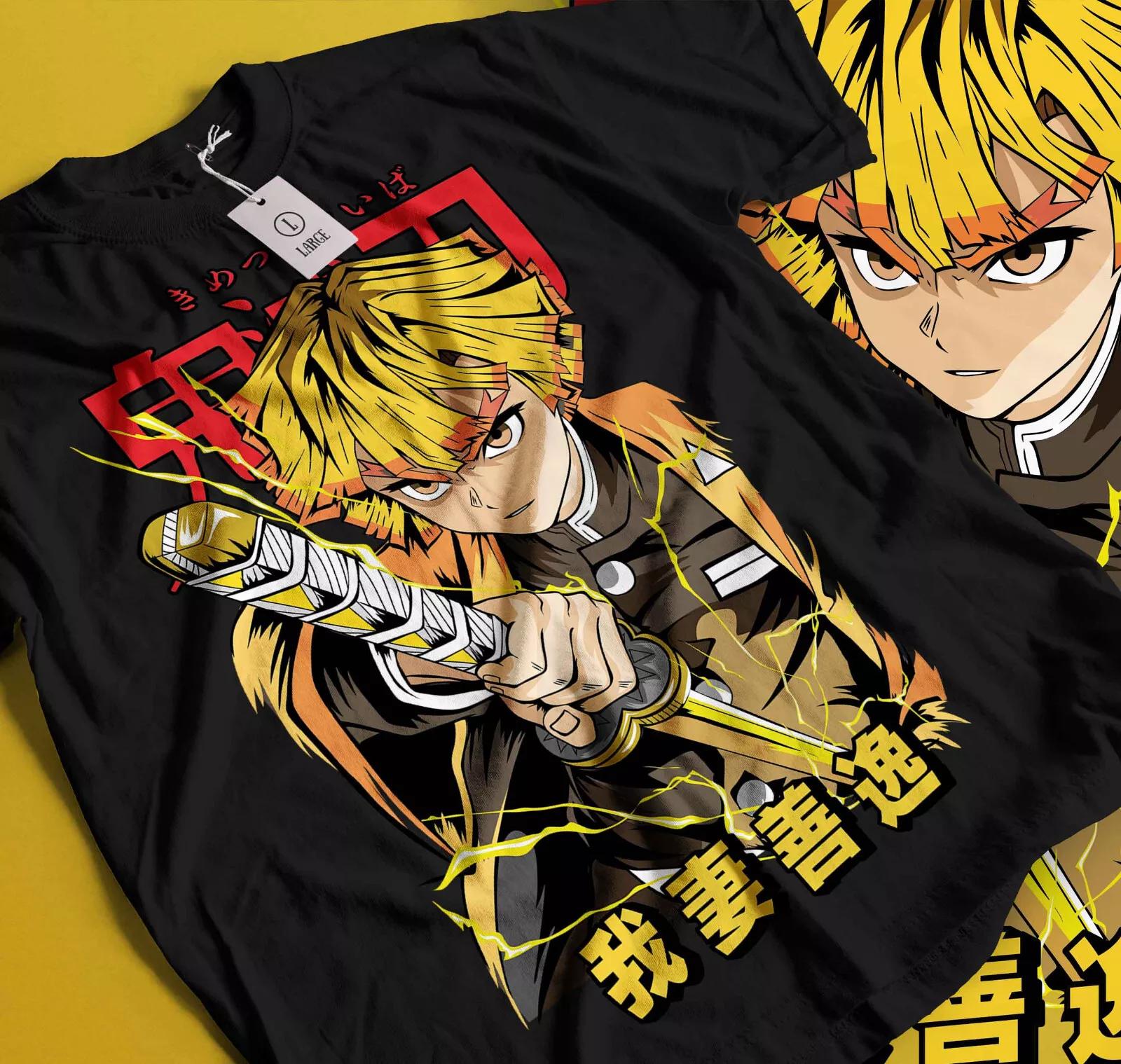 

100% хлопок ТОПЫ УНИСЕКС ФУТБОЛКИ МУЖСКИЕ ЖЕНСКИЕ Футболка Агацума Зеницу Клинок, рассекающий демонов Kimetsu No Yaiba Аниме Черная футболка Подарок 435 S чёрный