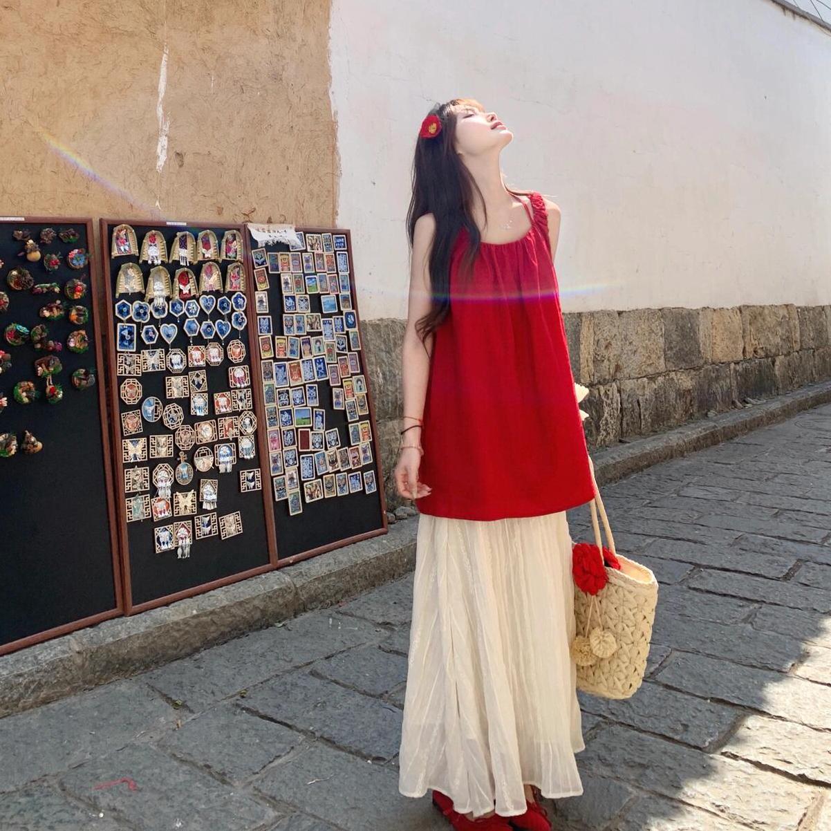 

Женский топ халтер из красного хлопка: Летний жилет без рукавов XXL