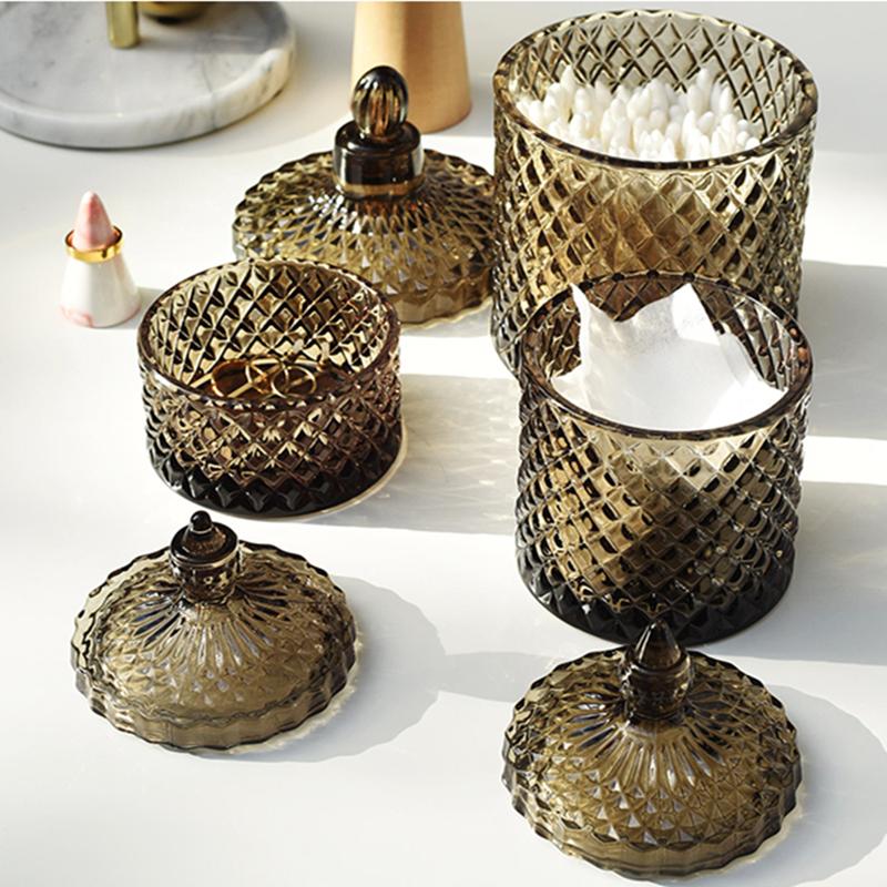 Dark Grey Crystal Glass Storage Jar with Cover Canned 600ML Diamond Cans Sugar Cotton Swab Box Household Organizer Decoration