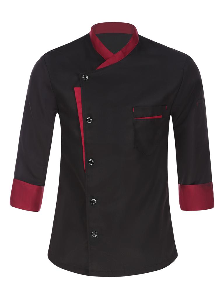Jachetă de bucătar unisex cu mânecă lungă, design cu culoare contrastantă pentru uniformă de lucru bucătărie, restaurant, hotel