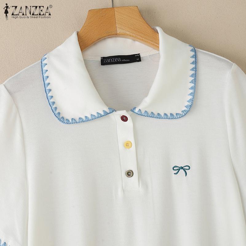 ZANZEA Women Lapel Neck Short Sleeve Stitching Embroidery Casual Tops Blouse