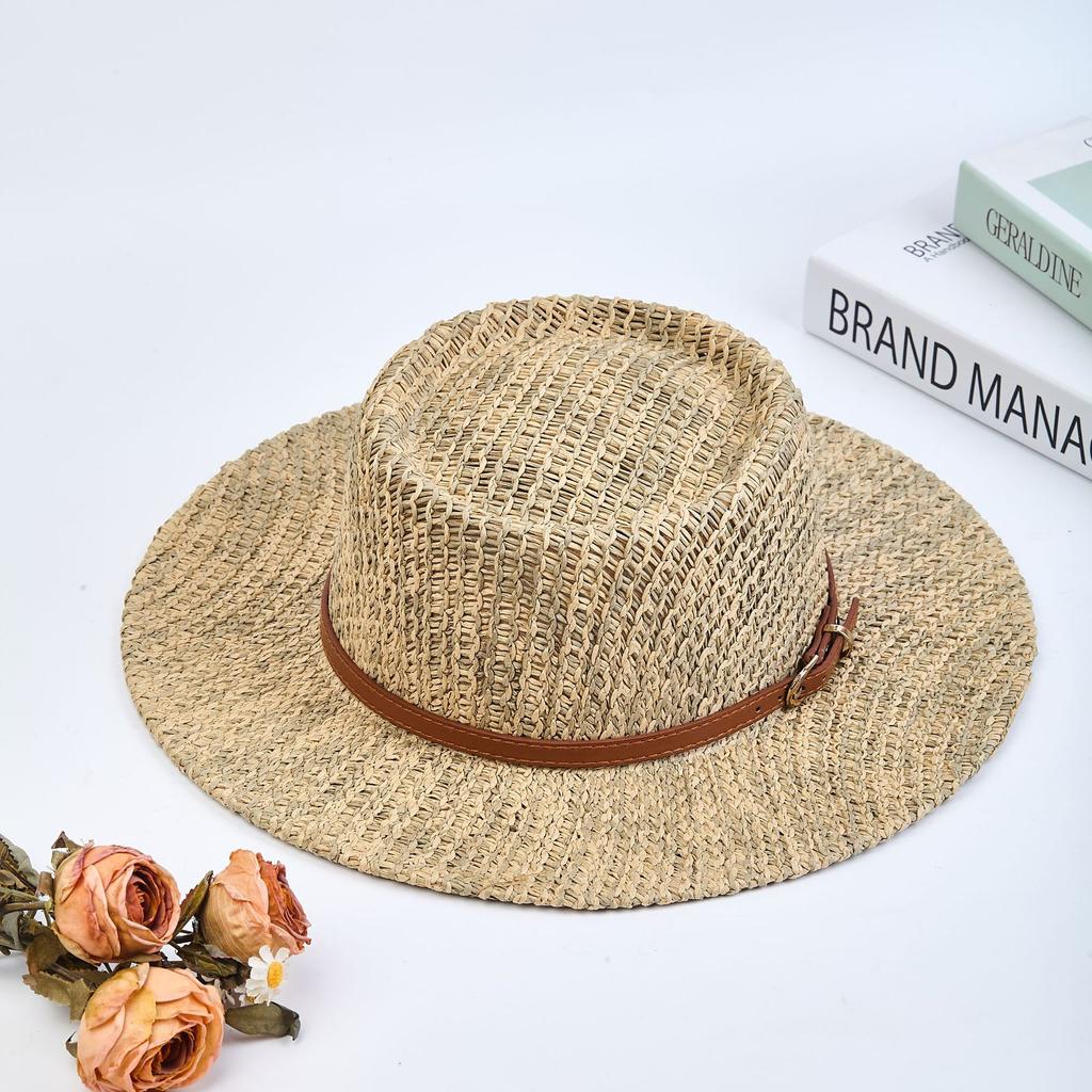 British Retro Travel Flat-top Straw Hat Cut Out Sun Protection Woven Seaside Vacation Beach Hat Top Hat