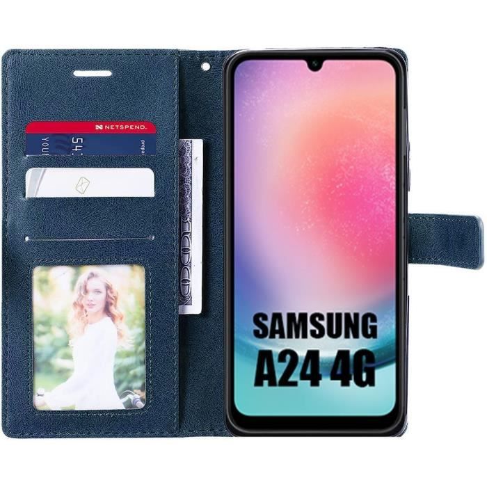 Coque pour Samsung Galaxy A24 + Pack 2 Verres Trempés - Coque Effet Cuir Élégant Bleu Marine