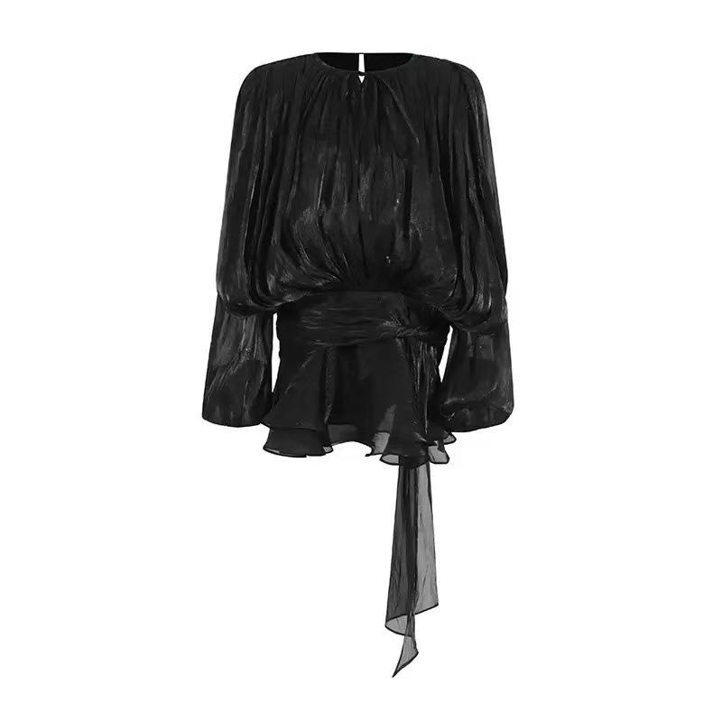 Women's Elegant Two-Piece Summer Outfit: Ruched O-Neck Mini Dress with Long Lantern Sleeves + Solid Color Chic Shorts