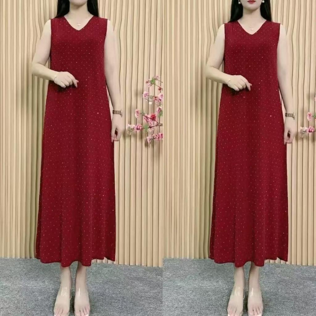 Women's V-Neck Ice Silk Sleeveless Dress: Summer Embroidered, Solid Color, Age-Reducing & Slimming Mother's Wear