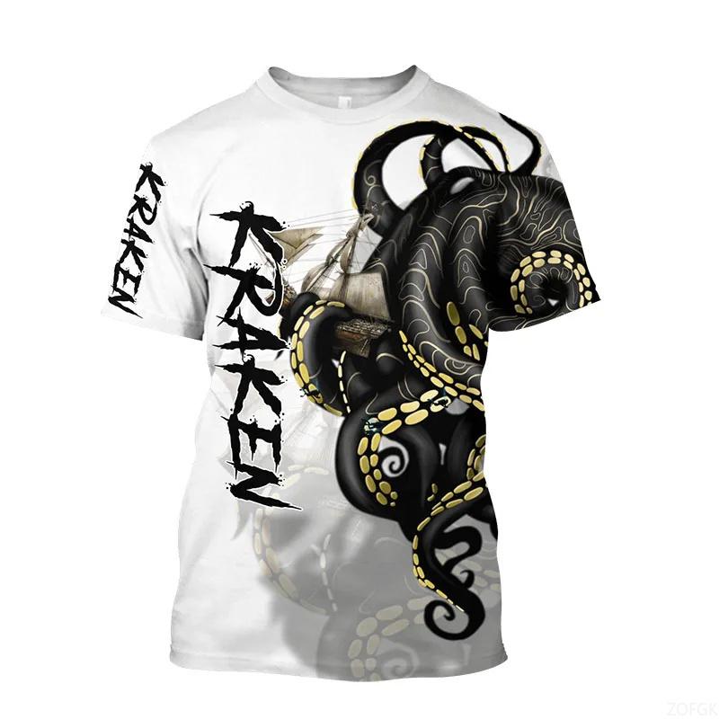 Tentacle Organism Pattern T-Shirt For Men Retro Ocean Animal 3D Printed T Shirts Loose Tees Round Neck Street Tops Short Sleeves