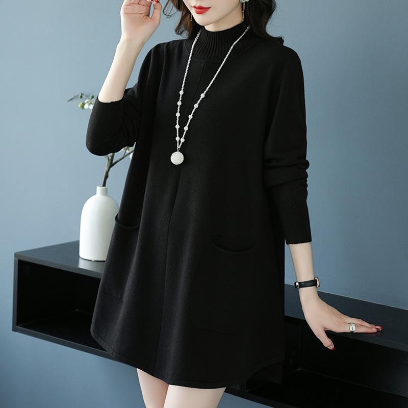 Large-sized Half Turtleneck Sweater Loose and Casual Mid-length Pullover for Women Solid-color A-line Knitted Dress