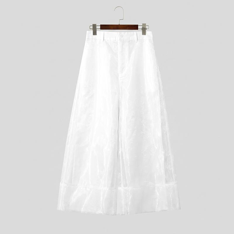 INCERUN Mens Sheer Patchwork Trousers See Through Mesh Organza Loose Party Clubwear Wide Leg Pants