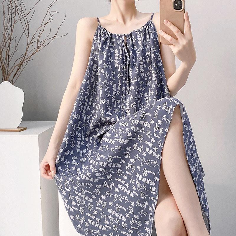 Suspender nightgown women's summer sexy long can wear cotton silk pajamas spring and autumn thin high-end loungewear