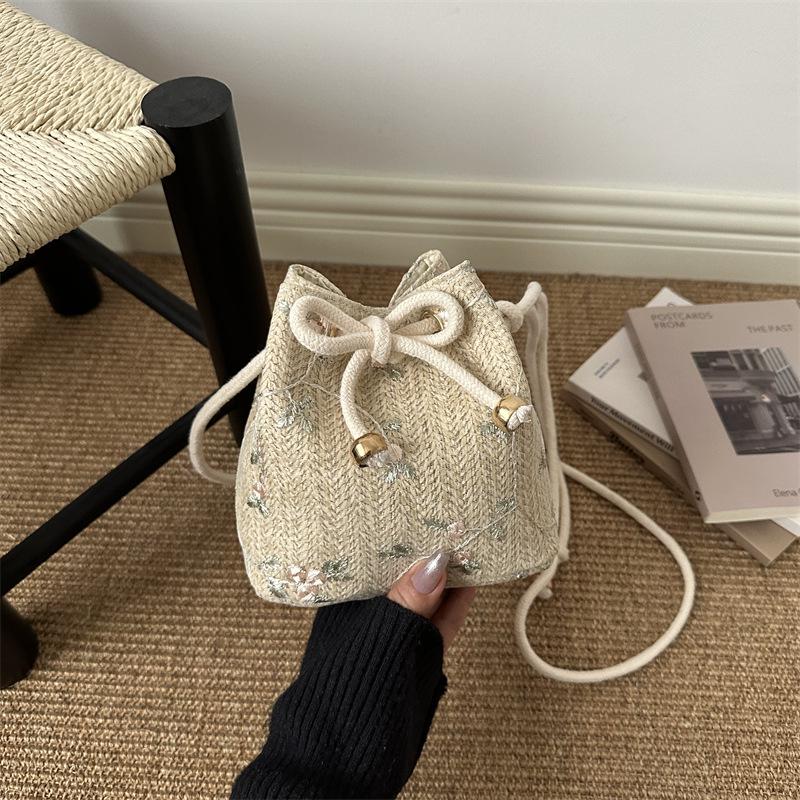 Women's Summer Beach Straw Bag - Drawstring Crossbody & Shoulder Tote