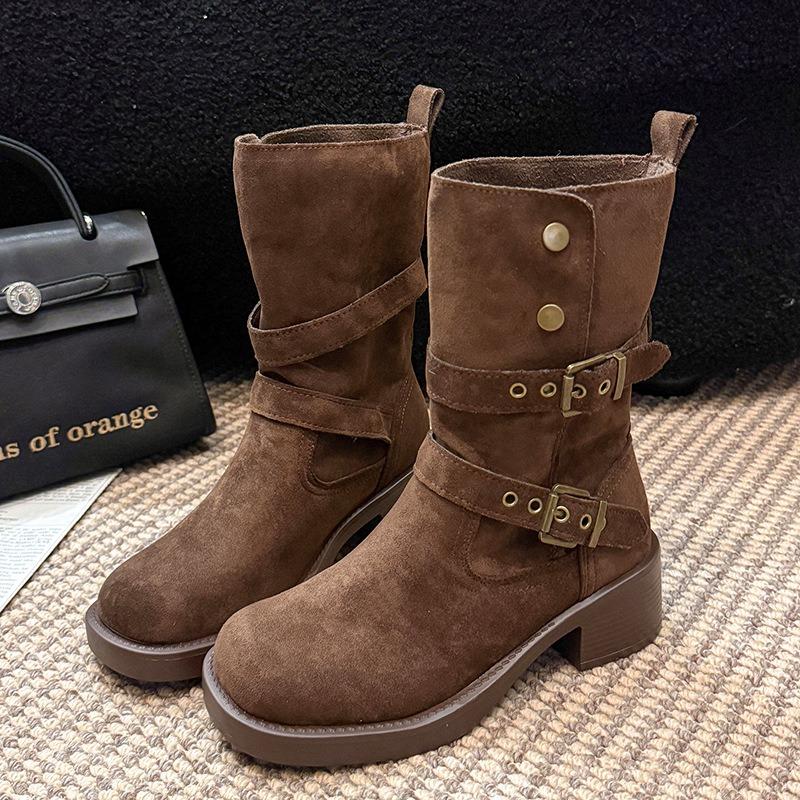 

The first layer of cowhide retro square head stacking boots women s autumn new belt buckle medium boots two wear genuine leather Martin boots 40 коричневый