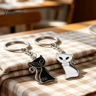 Alloy Decorative Charm 2Pcs Black White Cat Keychain for Backpacks, Oil Dripping Enamel Metal Key Ring Kitten Ring, Bag Schoolbag Decoration