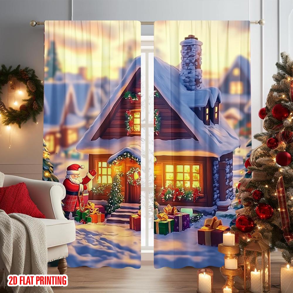 Set Of 2 Flat Printing Christmas Curtain Tree Design Versatile Durable Polyester Without Electricity Festive Holiday