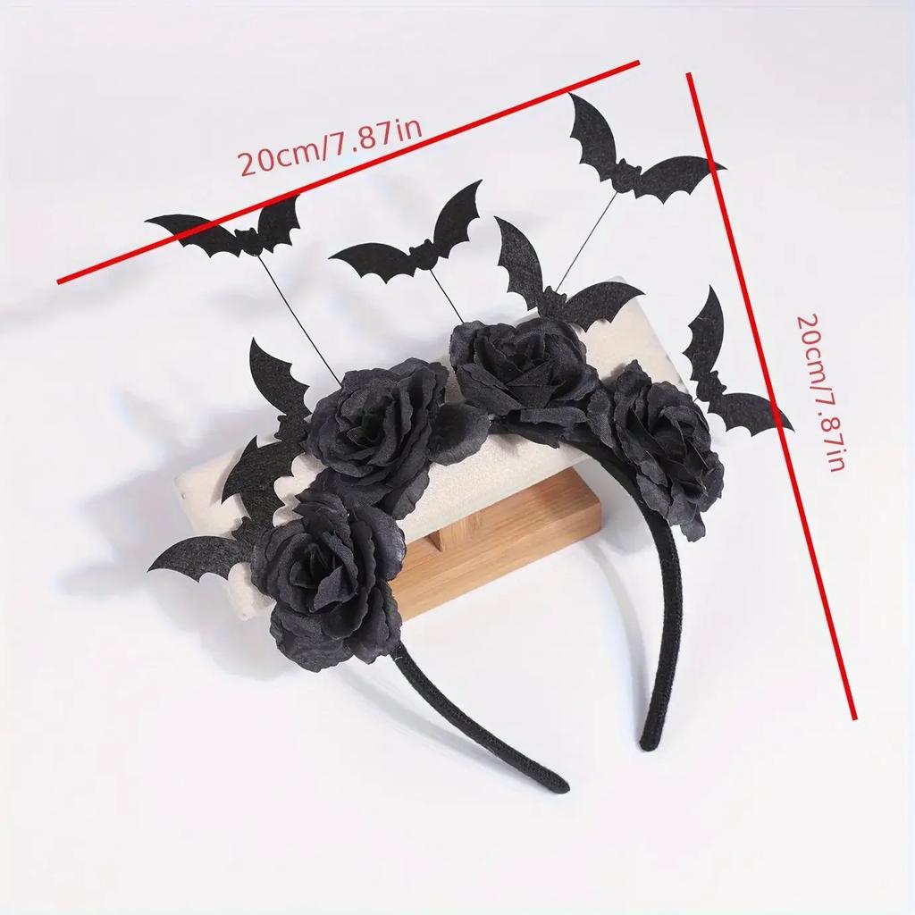 1 piece Halloween party headband - cute witch hat with black artificial flowers, gothic bat clip, dark role-playing accessory