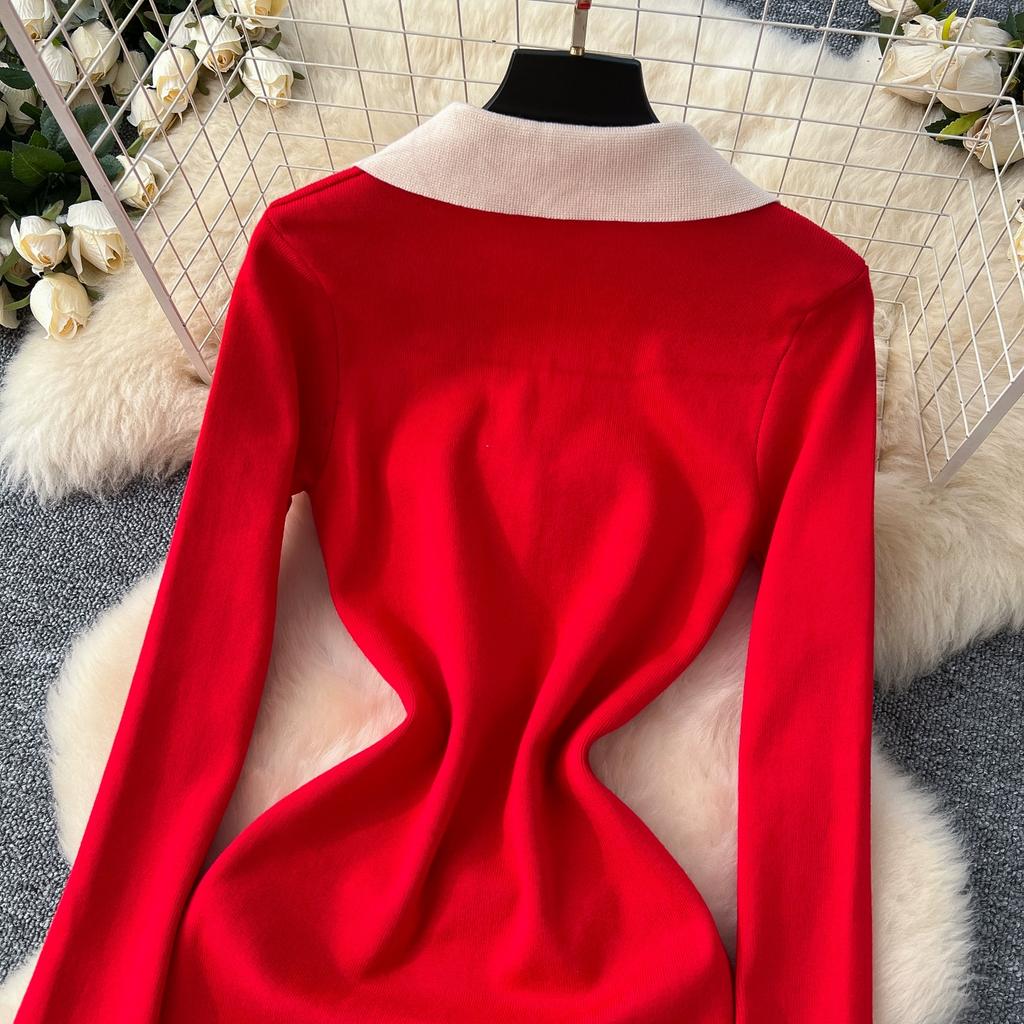 Autumn Winter Women Elegant Color Blocking Single Breasted Knitted Sweater Long Maxi Slim Bodycon Party Dresses
