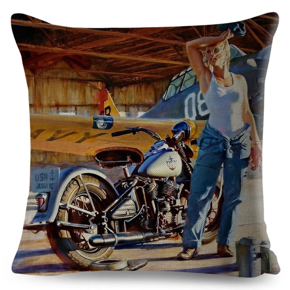 Vintage Sexy Motorrad Lady Kissenbezug Dekor Ölgemälde Cartoon Frauen Kissenbezug für Sofa Auto Polyester Kissenbezug 45x45