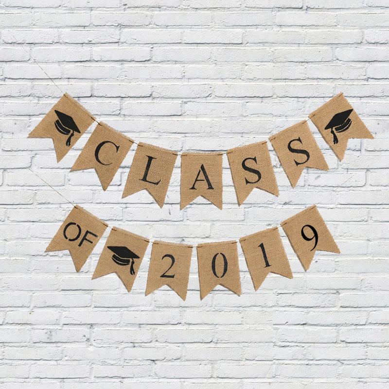 Class of  Jute Burlap Graduation Party Banner Classroom Decoration Backdrop Cotton Linen Banner