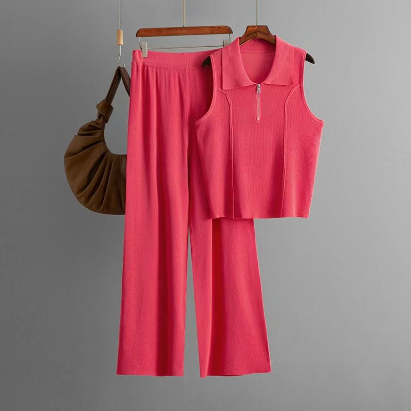 

Fashion Wind New Arrival Knitting Zipper Vest Loose Pants Two-piece Set Knitted Vest and Pants Set Watermelon Red One size