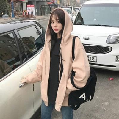 Velvety Hoodie Solid-color Hoodie Women's Zip-up Casual Blazer  Loose-fitting