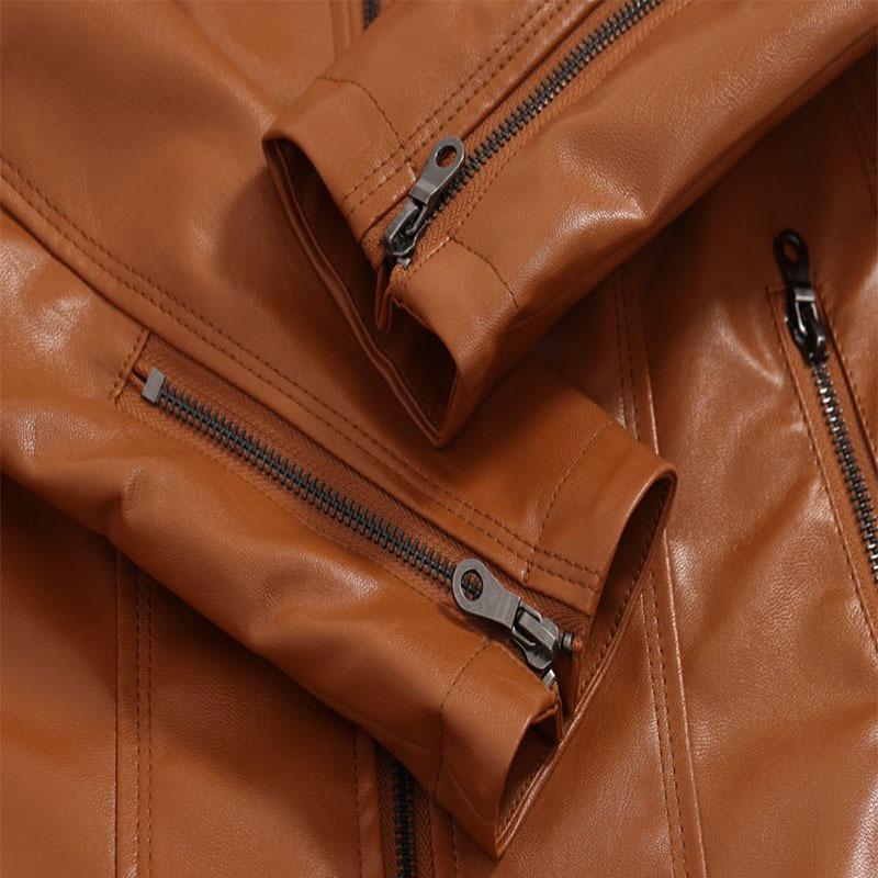 European Women's Slim Fit Leather Jacket Stand Collar Elegant Motorcycle Coat Plus Size
