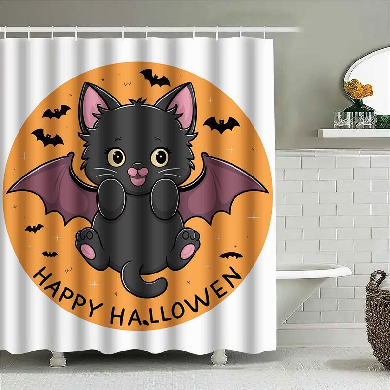

Tuniu Cute Cat Halloween Shower Curtain Funny Black Cat With Bats Bathroom Decor For Kids Girls Boys W60H190(CM)-1 Pcs