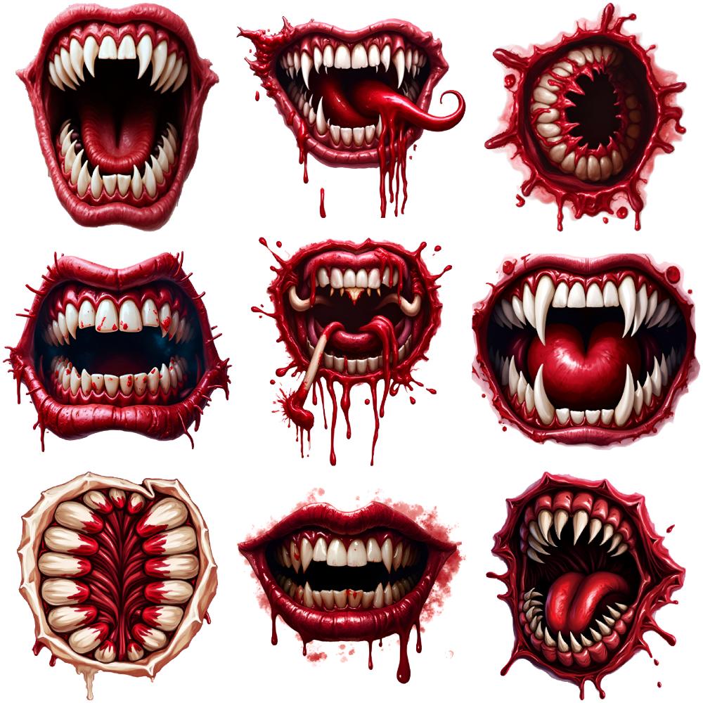 9pcs Temporary Tattoo Teeth Halloween Monster Mouths Eye Temporary Tattoo Stickers Dripping Blood For Girls Shoulders Boys