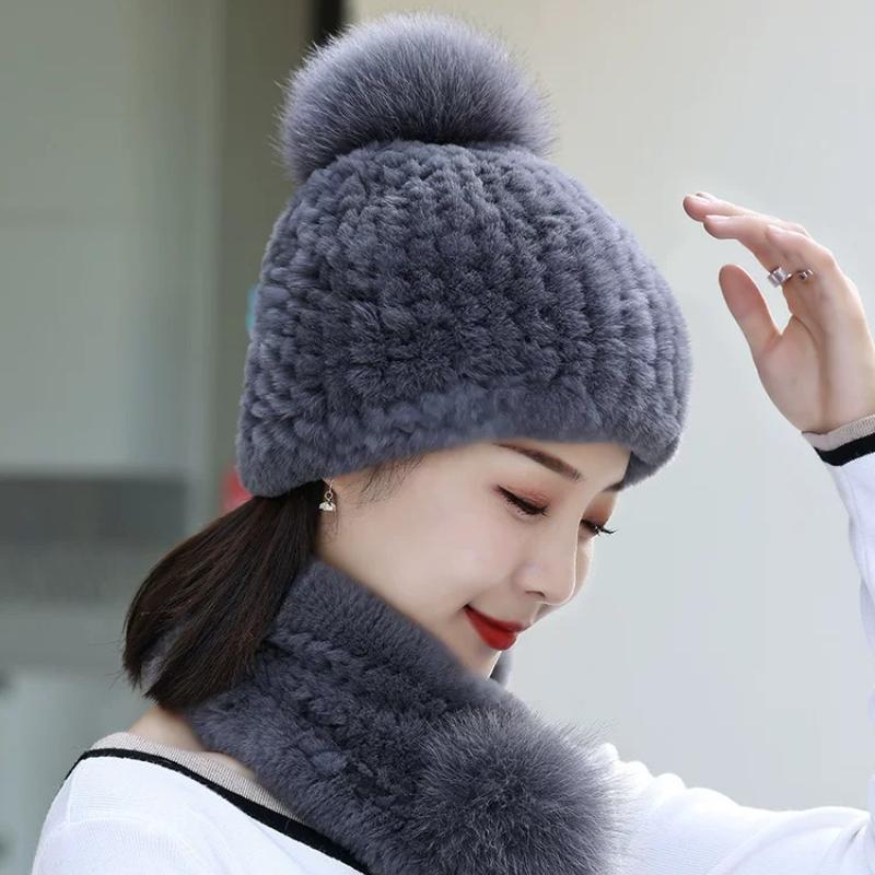 Rex Rabbit Hair Hat Scarf Two-piece Set Women's Winter Fur Hat Set Winter Fashion Warm Middle-aged Mother Hat