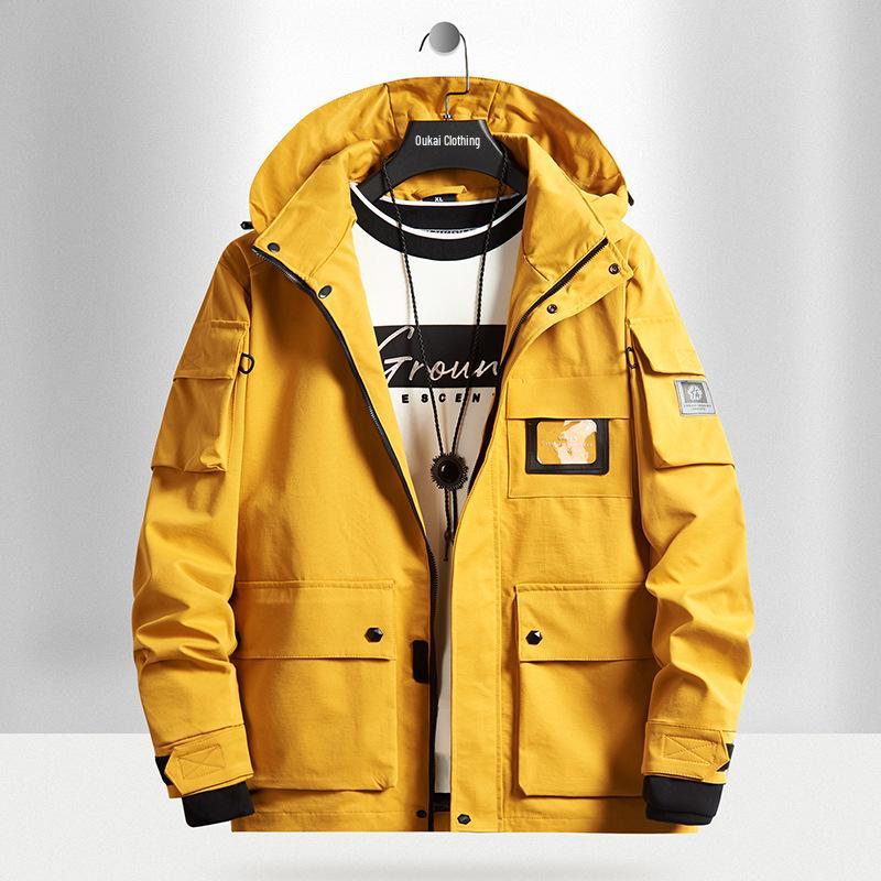 Youth Yellow Japanese Cotton Windbreaker with Flap Pockets - Spring & Autumn Loose Fit Jacket