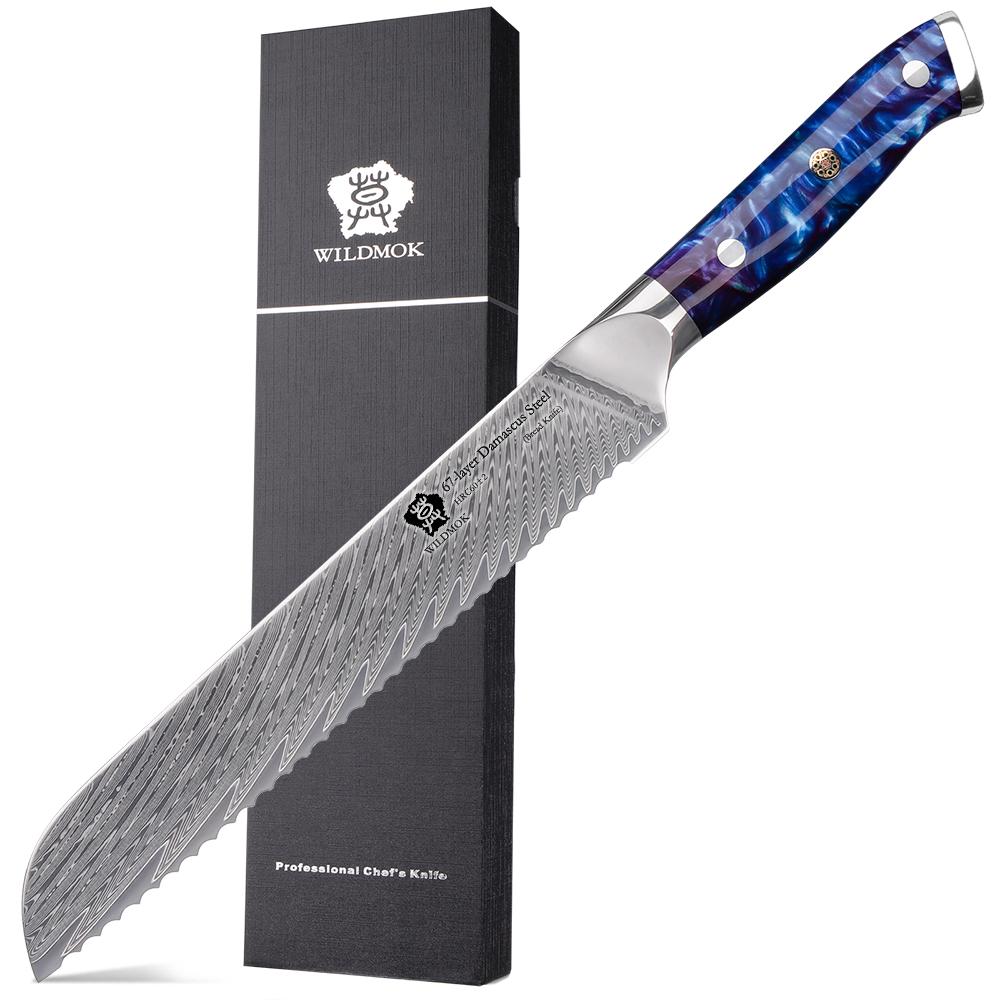WILDMOK Damascus Serrated Steel Bread Knife, 8 Inches Serrated Bread Knife, Ergonomic Full Tang Resin Handle