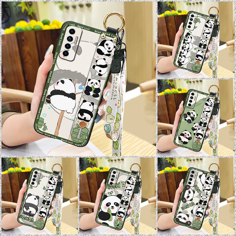 Fashion Design Cute Phone Case For Tecno Camon17P Phone Holder Cartoon Back Cover Shockproof Panda Silicone Ring Lanyard
