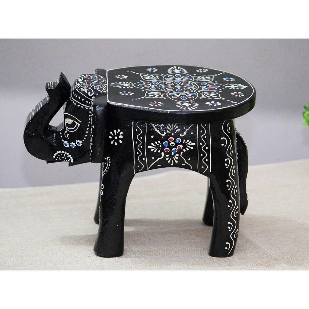 Handcrafted and Emboss Painted Colorful Wooden Elephant Shape Stool Table (8 Inches Height, Black)