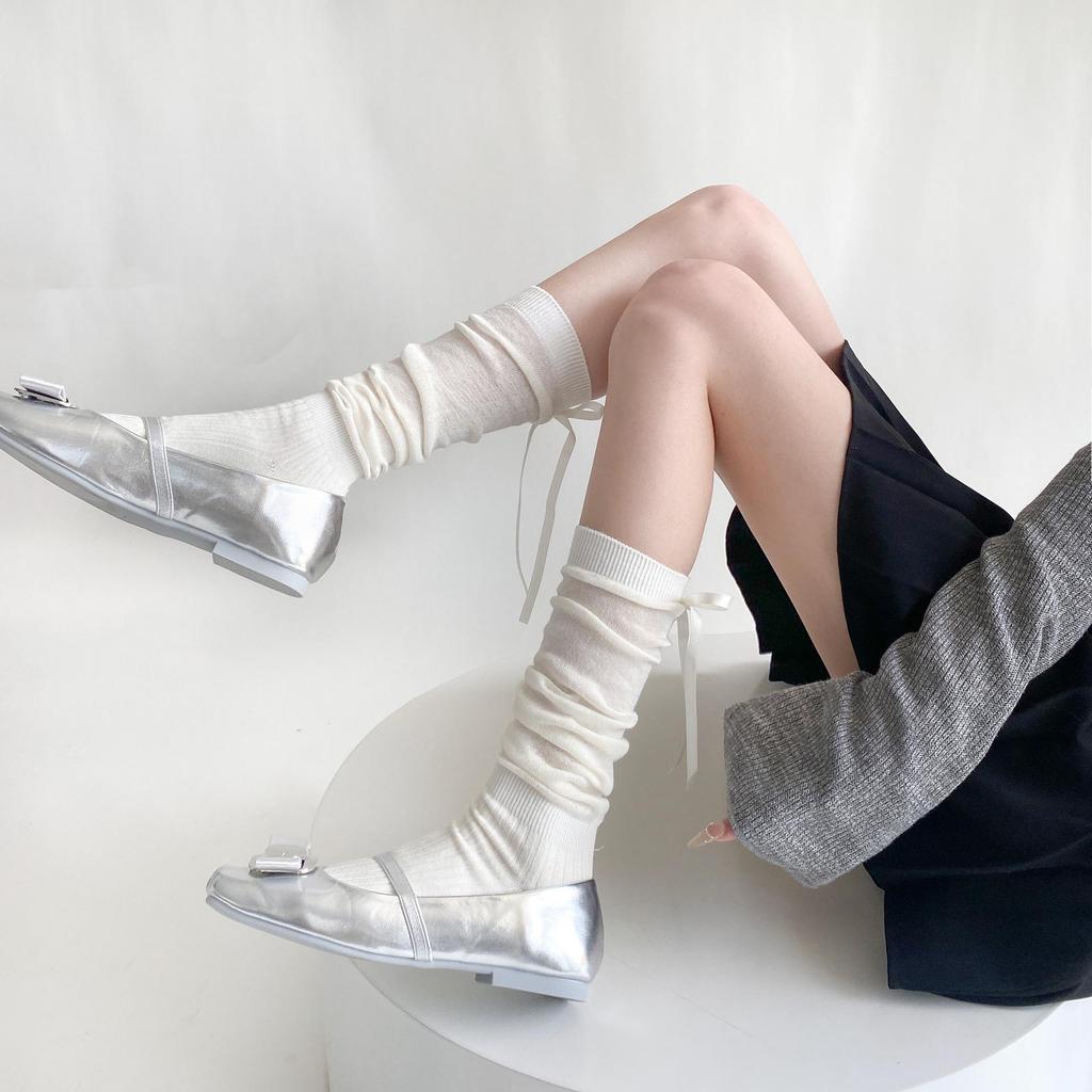 Ruffled Sheer Calf Socks with Heel Ribbons and Bows, Ballet Style, Korean Version.