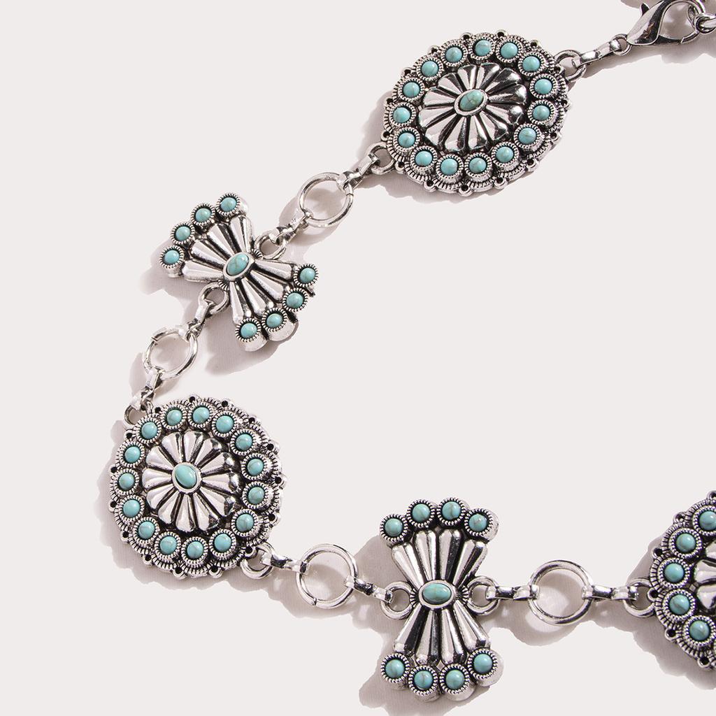 New Retro Geometric Carved Turquoise Heavy Industry Women's Metal Waist Chain Elegant Palace Style Quality