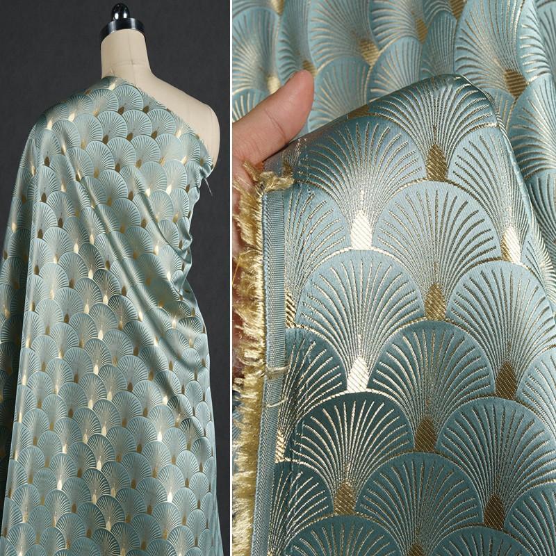 50x150cm Lesklá Zlatá Modrá Žakárová Látka ve Tvaru Vějíře List Ginkgo Tkaná Brokátová Látka Pro DIY Cheongsam Šaty Bundu