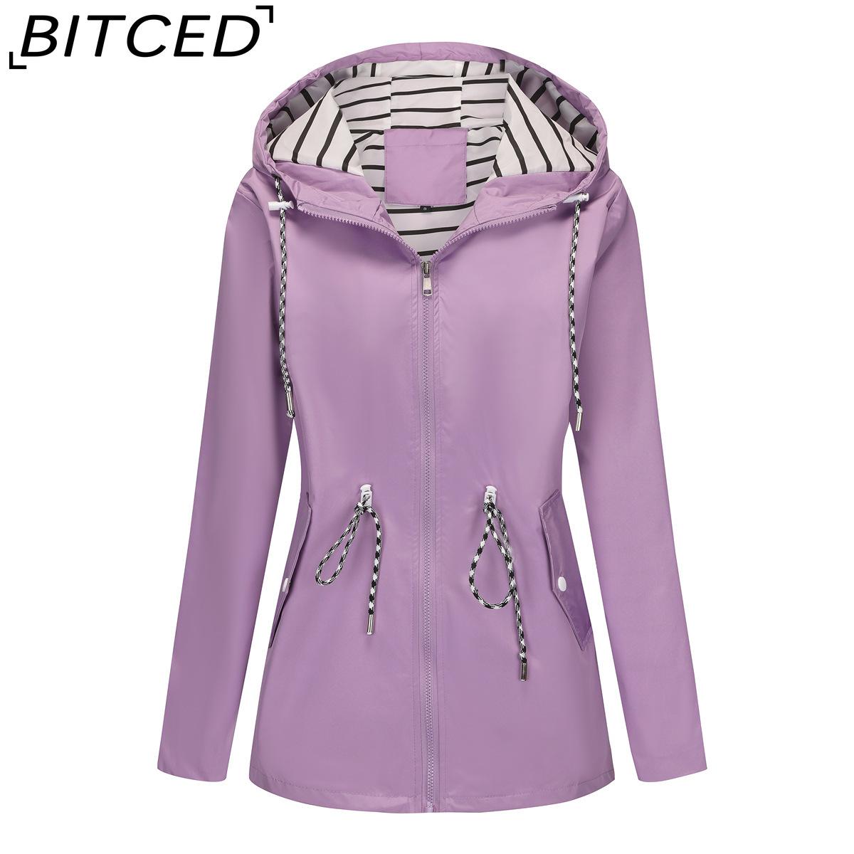 

BITCED Women s Long-Sleeved Splash-Resistant Mid-Length Trench Coat with Hood, Plus Size, Striped Lining 5XL светло-фиолетовый