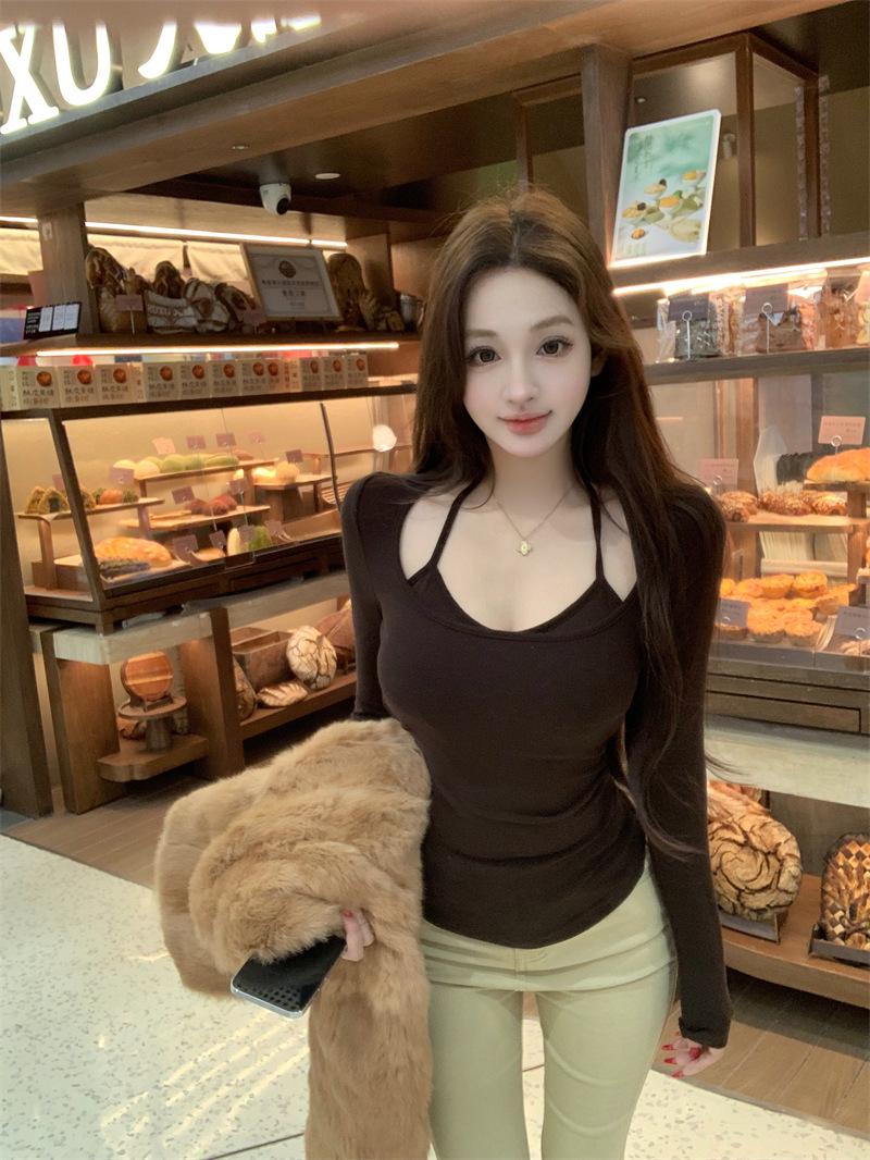 

Women s Patchwork Faux Two-Piece Halter Long-Sleeve T-shirt, Autumn Slim Fit Waist-Cinched Base Layer Top, Pure Desire Style Inner Top Large коричневый