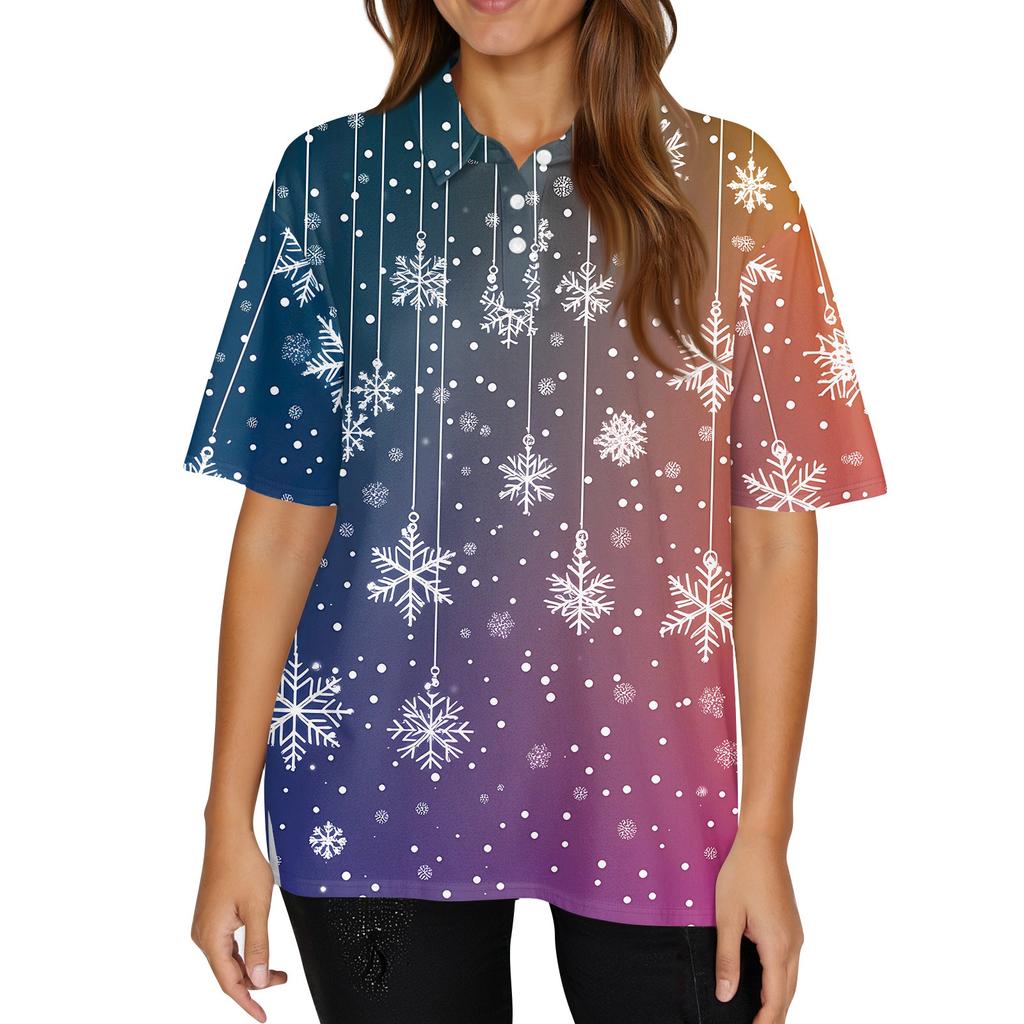 Dámská móda Ležérní klopa Krátký rukáv Vánoční potisk Košile Dámské knoflíkové topy