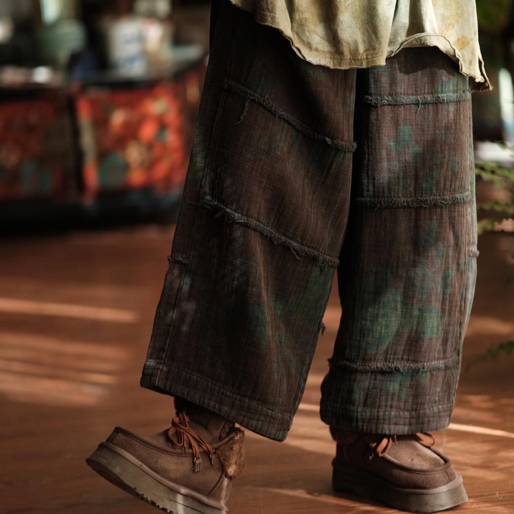 Johnature Vintage Damskie Spodnie z Szerokimi Nogawkami Elastyczny Pas Luźne Spodnie Patchworkowe Jesienny Nadruk Kwiatowy Długie Spodnie