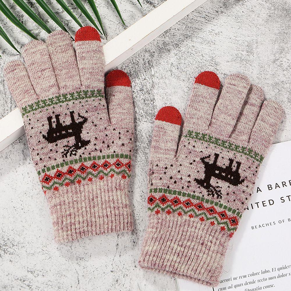 Cute  Stripe Dots Knitted Deer Women Gloves Christmas Winter Gloves Korean Mittens