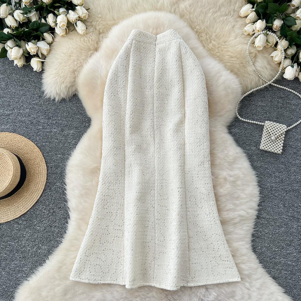 Jesień Zima Kobiety Jednolita Tweedowa Długa Midi Wyszczuplająca Bodycon Syrenka Spódnica