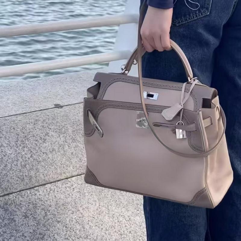 2025 New Leather Women's Bag First Layer Cowhide 28cm Lace  Bag Double Shoulder Strap Handbag Cross-border Wholesale