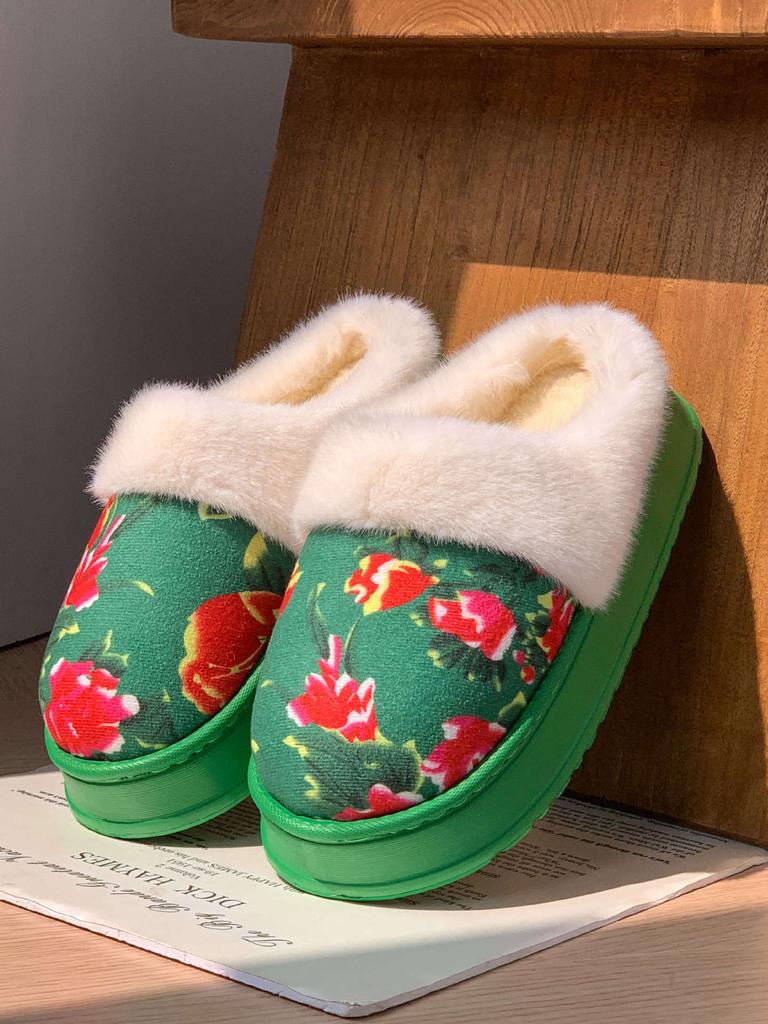 Northeast Big Flower Padded Jacket Wind Warm Cotton Slippers Winter Velvet Warm Non-slip Thick Bottom Home Indoor Plush Cotton Shoes