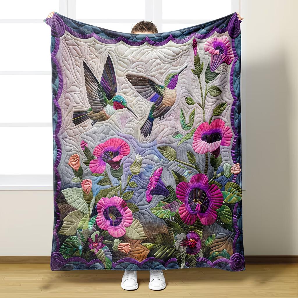 Contemporary Dancing Hummingbirds Flannel Blanket Soft All Seasons Machine Washable Cozy Bed Cover with Bird Ideal for Travel