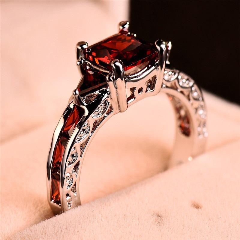 925 Silver Red Zircon Ring - European/American Style Women's Wedding Festival Accessory