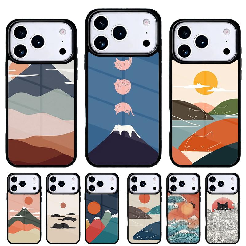 Cat Mount Fuji Japan Wave Landscape Phone Case for iPhone 17 16 15 14 13 Pro Max Back Cover for 12 11 Pro Coque