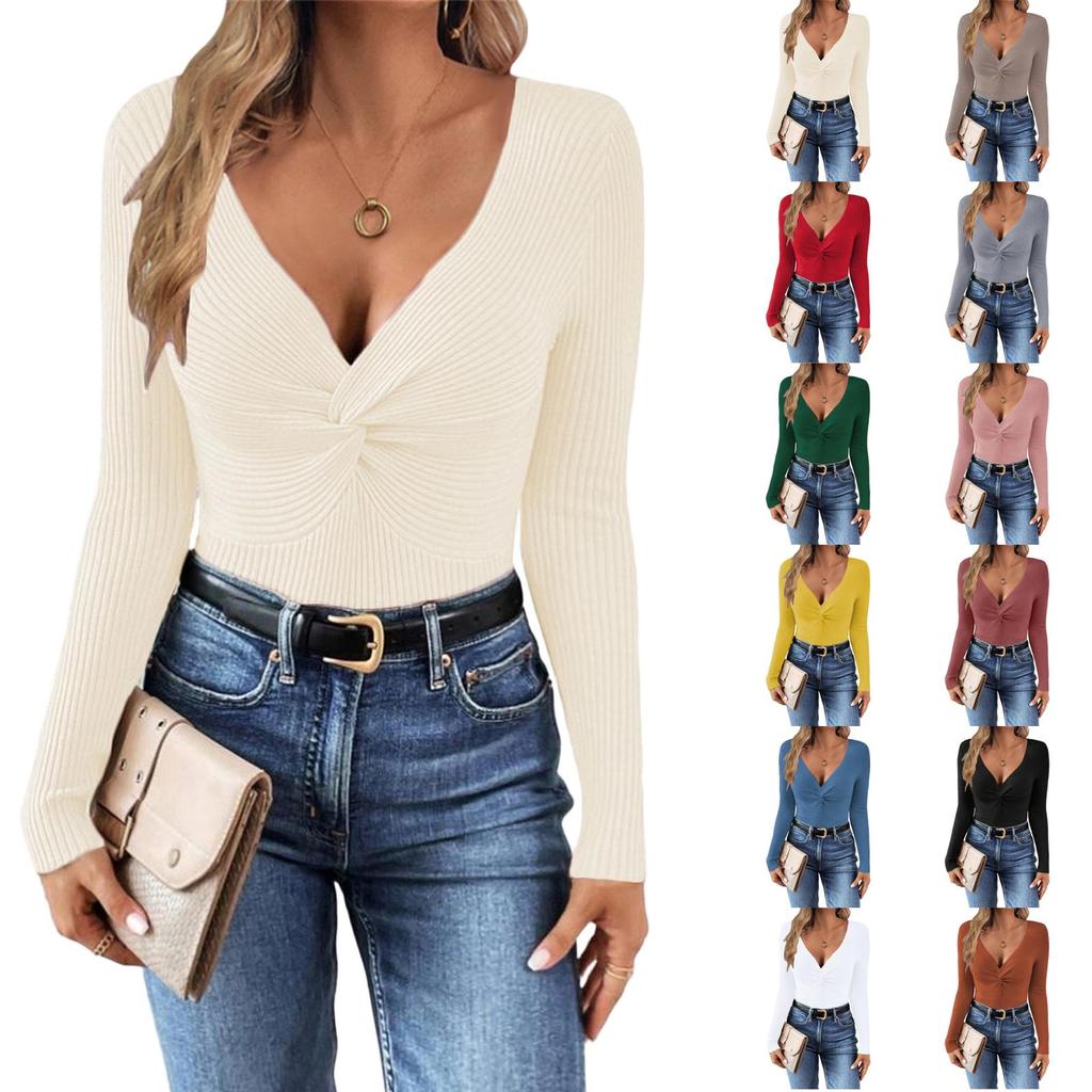 Women V Neck Twist Knot Knit Sweater Long Sleeve Slim Fit Casual Pullover Top Stretchy Soft Fabric