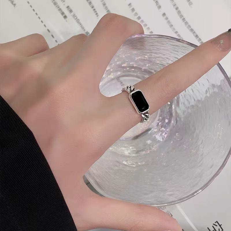 S925 Silver-Plated Black Agate Adjustable Index Finger Ring for Women - Trendy 2025 Design