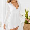 Women Solid Deep V Neck Ruffled Flounce Long Sleeve Irregular Hem Mini Dress