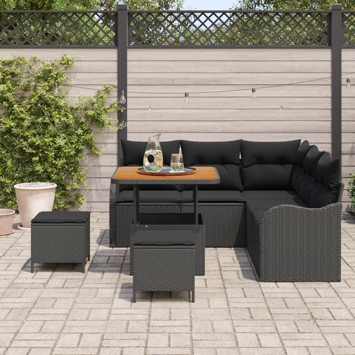 Ensemble de canapé de jardin 8 pièces avec coussins en rotin synthétique noir et acacia, Canapé de jardin 2 places 3362259
