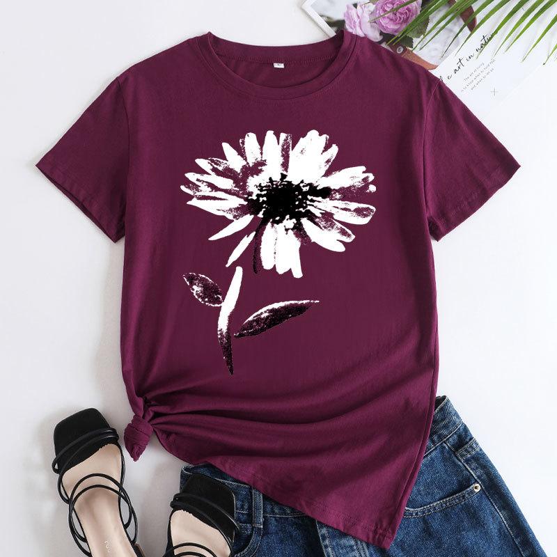 Summer Round Neck Floral Print Top Fashionable Casual Short Sleeved Women's Pure Cotton T-shirt